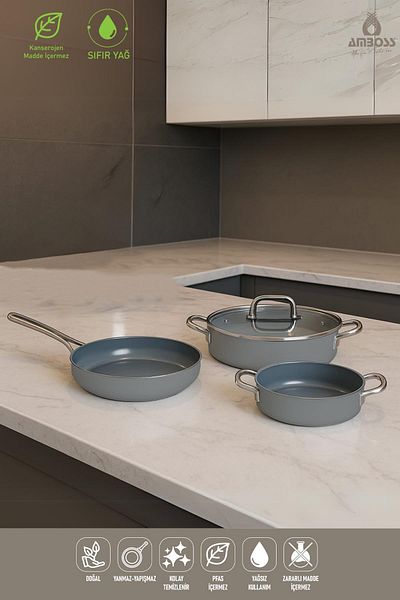 Amboss 4 Piece Greenhouse Spectrum Fireproof Non-Stick Ceramic Oblate Pot Pan Sahan Set Gray