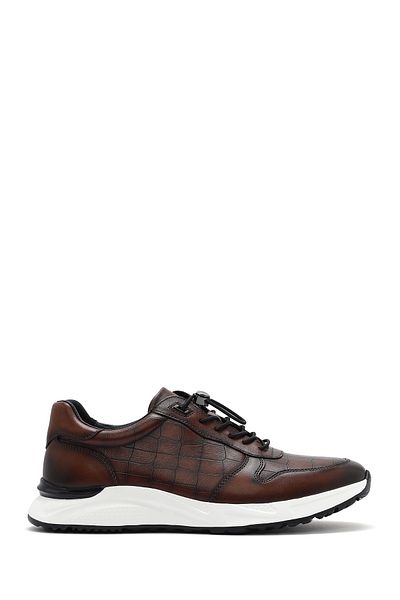 Derimod Men's Brown Crocodile Patterned Lace-Up Leather Sneaker 25Sfd 692318
