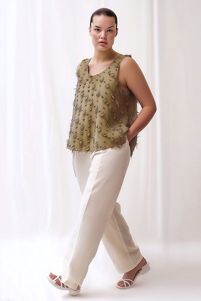 Hanezza Green U-Neck Zero Sleeve Chiffon Blouse - Plus Size, Lined, 42-52