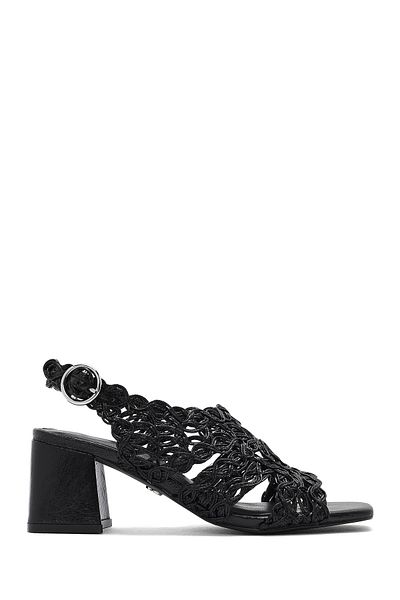 Derimod Women's Black Braided Metallic Thick Short Heeled Evening Dress Shoes Sandals 25Sfd440632