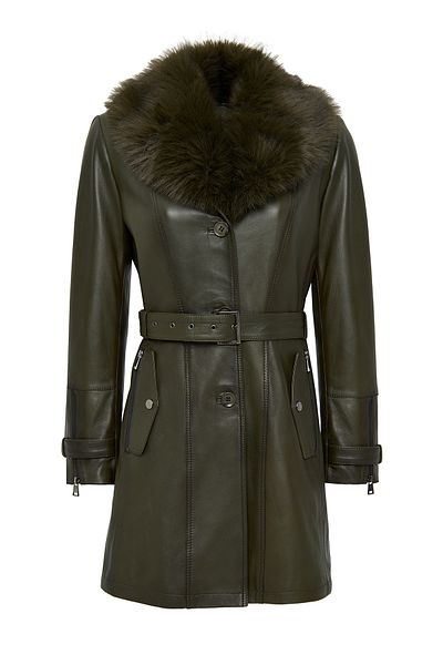 Derimod Rhoda Women's Khaki Collar Sheepskin Leather Coat with Belt Detail 24Wge 588647