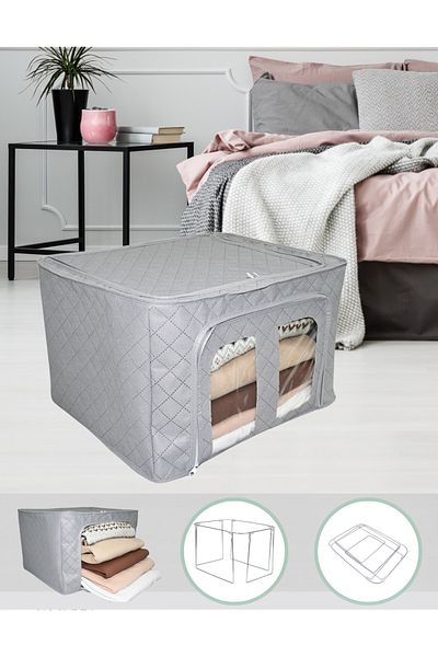 SER&YAT 1 Piece Gray Quilted Steel Framed Organizer Box with Window Storage Bag Wire Storage Bag 40x50x30cm Sweater Storage Bag