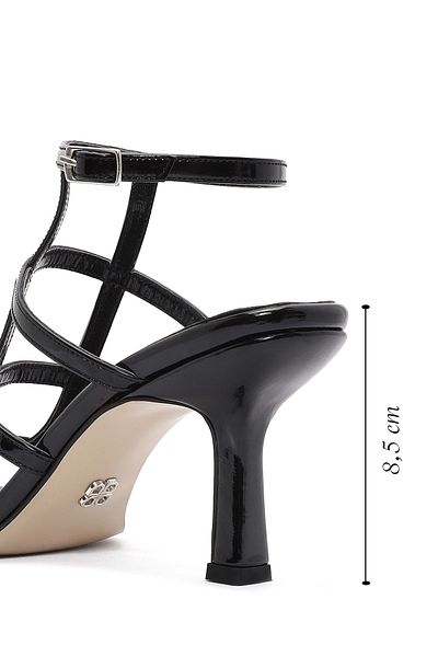 Derimod Women's Black Ankle Buckle Thin Heeled Shoes Patent Leather Sandals 25Sfe391016