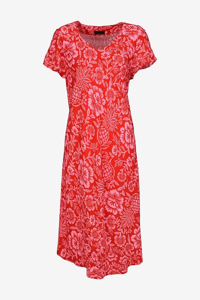 birizmoda Short Sleeved Pink Flowered Red Midi Dress