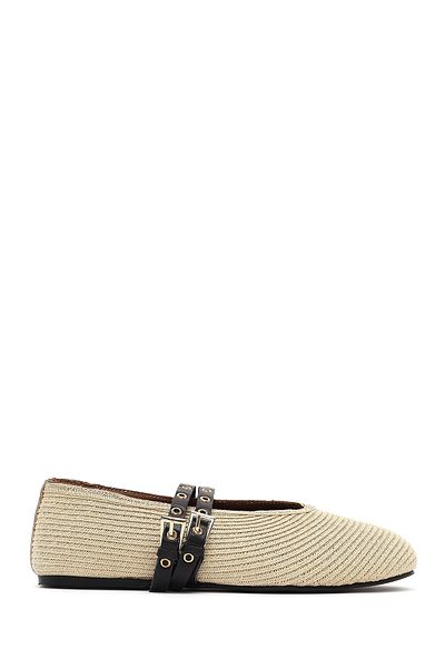 Derimod Women's Beige Double Buckle Straw Genuine Leather Summer Ballerina Shoes 25Sfd1820M7