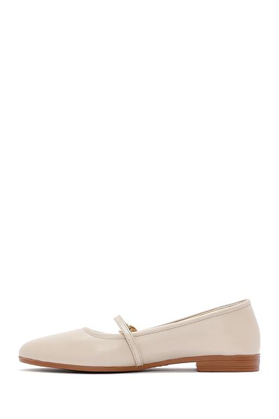 Derimod Women's Beige Strappy Genuine Leather Summer Ballerina Shoes 25Sfd350318