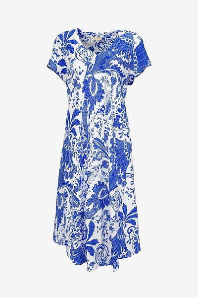 birizmoda Short Sleeve Blue Floral White Midi Dress