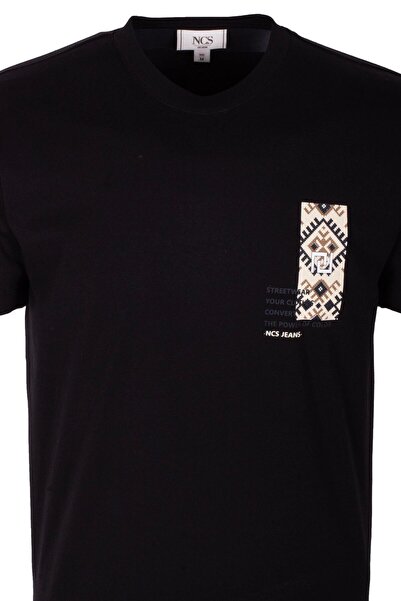NCS Men's T-Shirt Crew Neck Black 100% Cotton Slim Fit Chest and Back Printed T-Shirt Jeans 1299