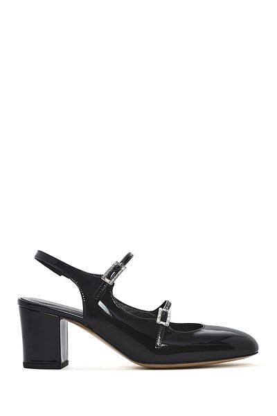 Derimod Women's Black Double Buckle Open Back Thick Heeled Patent Leather Shoes 24Wfd 230516
