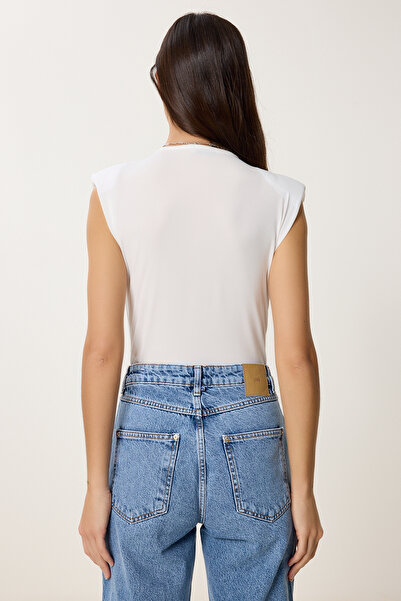 Lovelyİstanbul Ecru Wraped Collar Padded Snap Blouse - Lzh0001