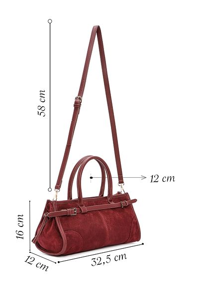 Derimod Women's Burgundy Long Strap Suede Leather Handbag 24Wbd 259610