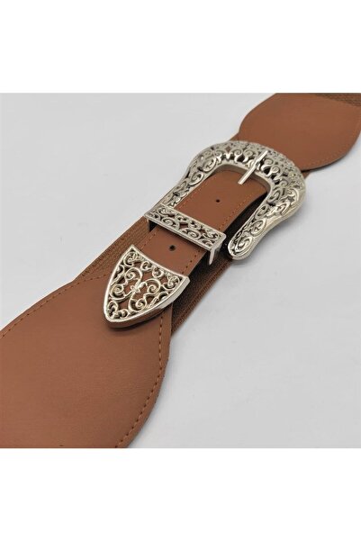 ASLIHAN KEMER حزام نسائي مطاطي بلون أسمر مع إبزيم فضي