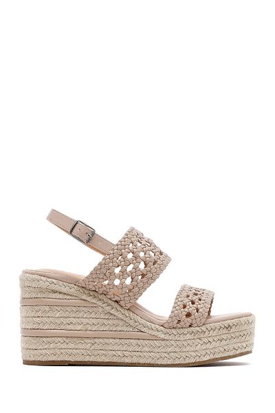 Derimod Women's Cream Knitted Ankle Buckle Wedge Heeled Espadrille Sandals 25Sfe451729
