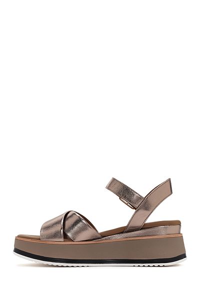 Derimod Women's Gray Ankle Strap Thick Soled Metallic Genuine Leather Sandals 25Sfd550132