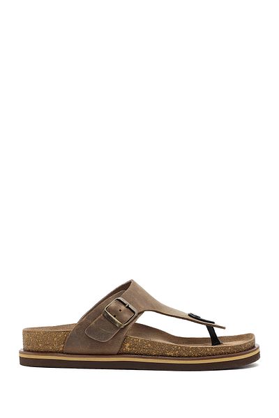 Derimod Men's Beige Flip Flops Nubuck Leather Slippers 25Sfd6254V3