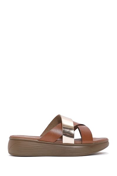 Derimod Women's Tan Thick Soled Leather Slippers 25Sfd 333114