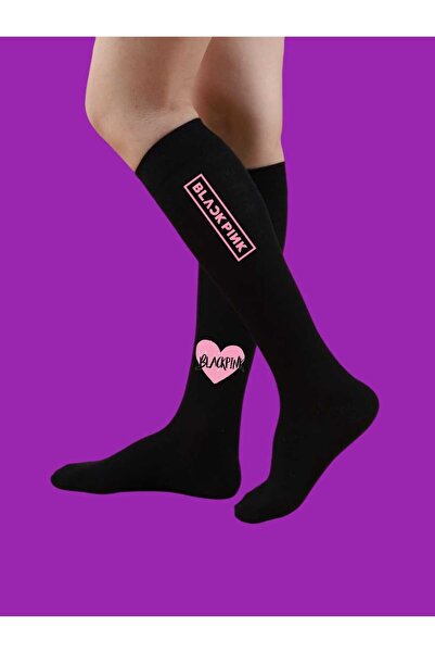 LİASSHOES Детски черни чорапи до коляното с щампа на сърце blacpinkci