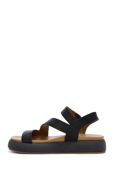 Derimod Women's Black Ankle Strap Thick Soled Genuine Leather Sandals 25Sfd550018