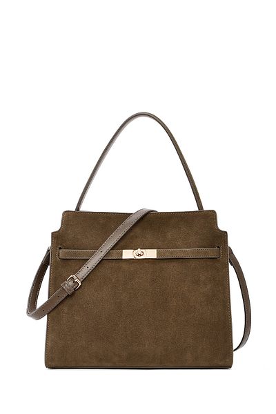 Derimod Women's Khaki Long Strap Suede Leather Classic Shoulder Bag 24Wbd 259410