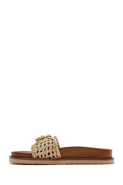 Derimod Women's Gold Buckle Straw Leather Slippers 25Sfd5505M7