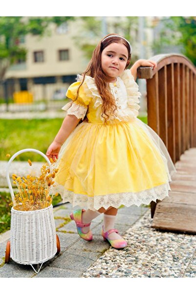 Hly Karol Tasarım Sarı Ayıcıklı Kız Bebek Elbisesi,Doğum günü elbisesi, fotoğraf çekim elbisesi,0-12 Yaşa Uygun