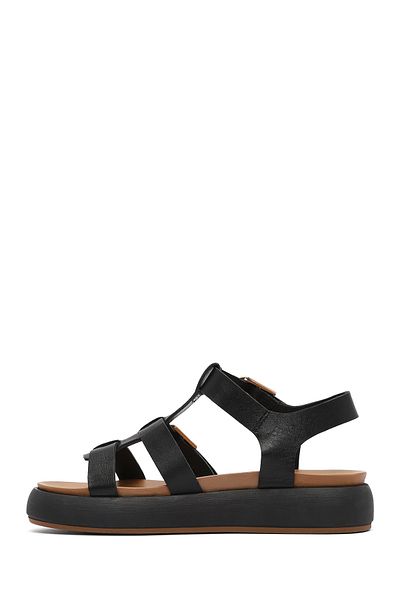 Derimod Women's Black Buckle Thick Soled Genuine Leather Sandals 25Sfd550318