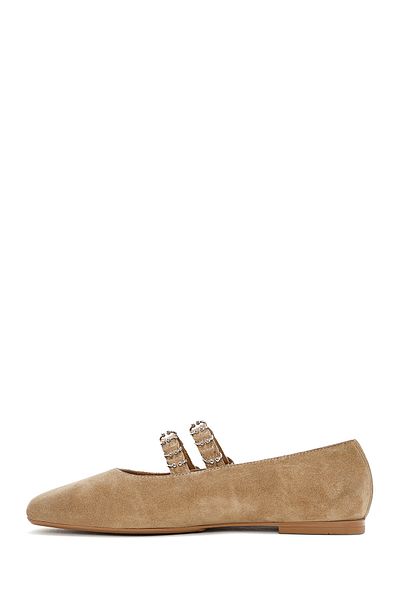 Derimod Women's Mink Double Buckle Suede Genuine Leather Summer Ballerina Shoes 25Sfd270610