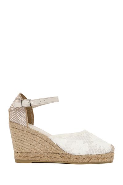 Derimod Women's Cream Ankle Strap Patterned Wedge Heeled Espadrille 25Sfd20756F