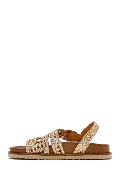 Derimod Women's Gold Banded Straw Genuine Leather Sandals 25Sfd5507M7