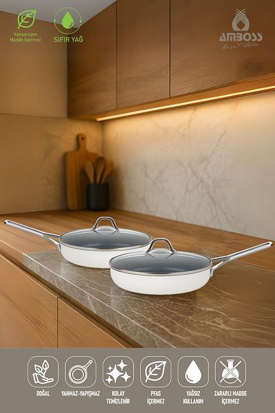 Amboss 4 Piece Sera Nova Single Fireproof Non-Stick Ceramic Pan Set with Glass Cover White