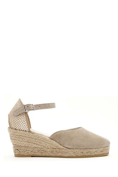 Derimod Women's Beige Ankle Strap Wedge Heeled Suede Leather Espadrilles 25Sfd 205710