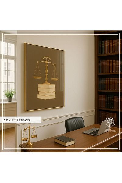 Tablomtr Tablou unic din sticlă reală cu cadru metalic imprimat digital - Cântarul justiției - Tablou pentru avocat și birou