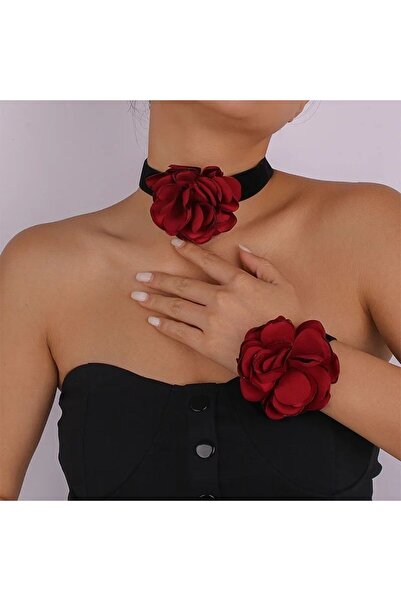 MutluBiDünya Vintage 8 Cm Gül Choker Ve Bileklik Seti