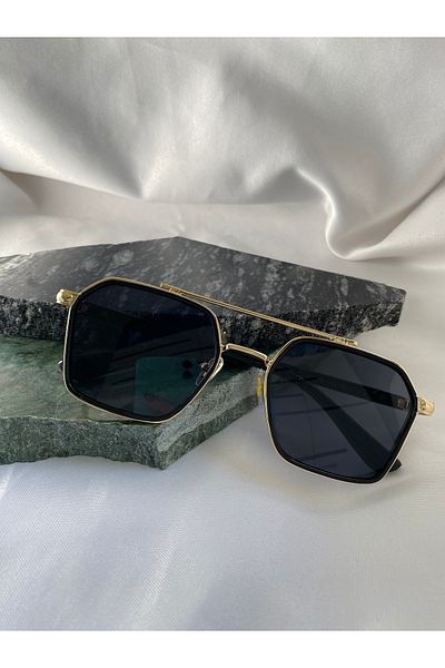 Mazzy Square Black-Gold Rimmed Sunglasses