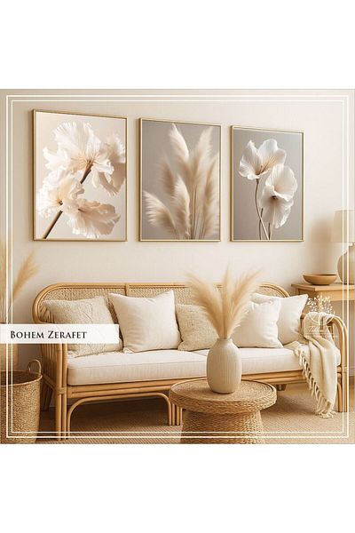 Tablomtr Pictură din 3 piese din sticlă reală cu cadru metalic imprimat digital - Bohemian Elegance