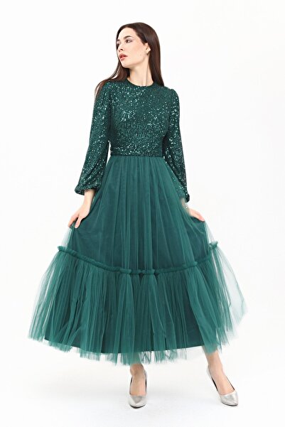 Asees Γυναικείο βραδινό φόρεμα και φόρεμα αποφοίτησης με παγιέτες μπαλόνι μανίκια Dream Tulle Hijab Asee's Abiye Elbise