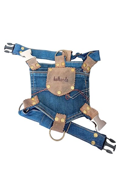 balkonda Köpek Göğüs Tasması Kot Deri Kombin Göğüs Ölçüsü:30-45cm Ayarlamalı 1-9kg Dog Harness Gt2-23