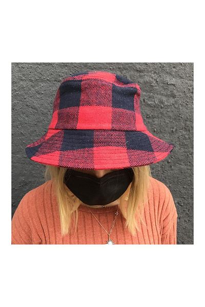 Köstebek Red Black Plaid Pattern Stamp Fabric Bucket Hat