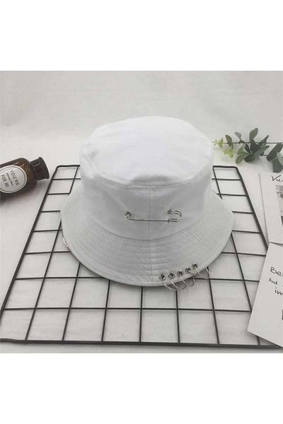 Köstebek Λευκό καπέλο K-pop Piercing και Safety Pin Model Bucket