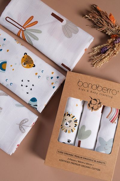 Bondberro Set of 3 Muslin Blanket and Blanket - 100% Cotton, Oeko-teks Certified, 80x80 Cm