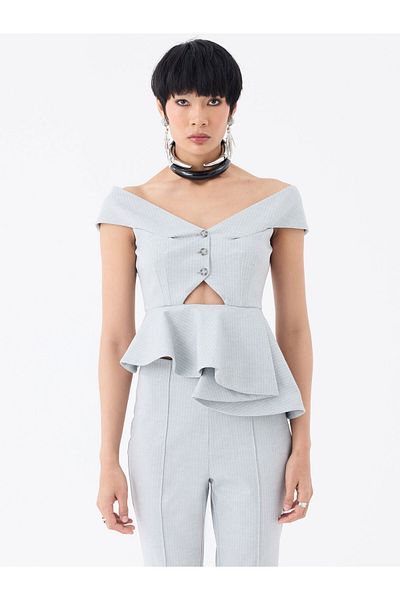 RİVUS Cross Boat Neck Button Blouse - Gray Striped