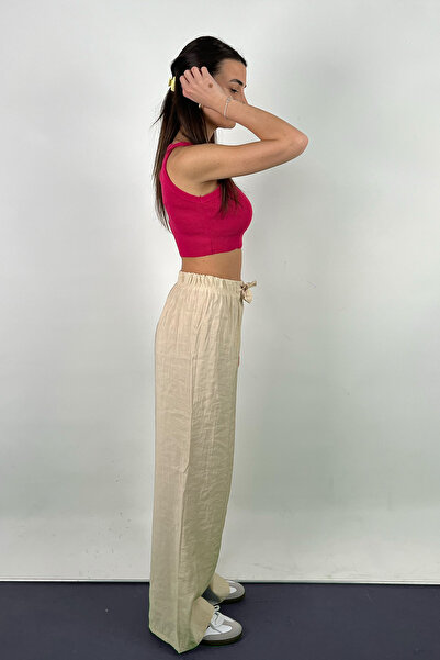 Love The Wind Polyamide Viscose Draped Ecru Palazzo Trousers