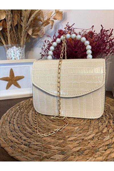 ASNUR BUTİK Geantă de mână și umăr cu perle crem și lanț pentru femei