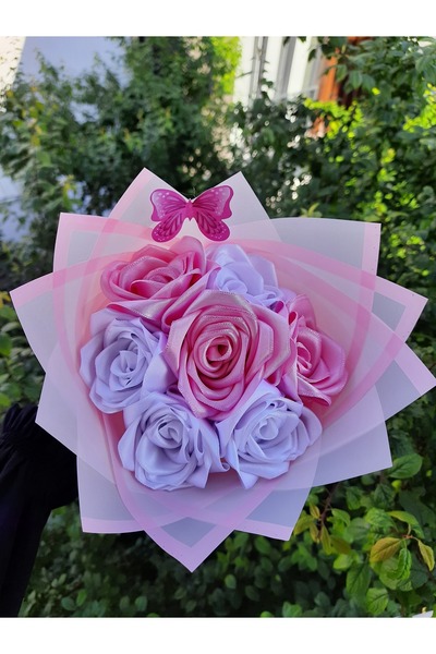 BUKET DÜNYASI 7 Li Solmayan Gül Buketi Pembe-beyaz Karışık Dışı Pembe Jelatin
