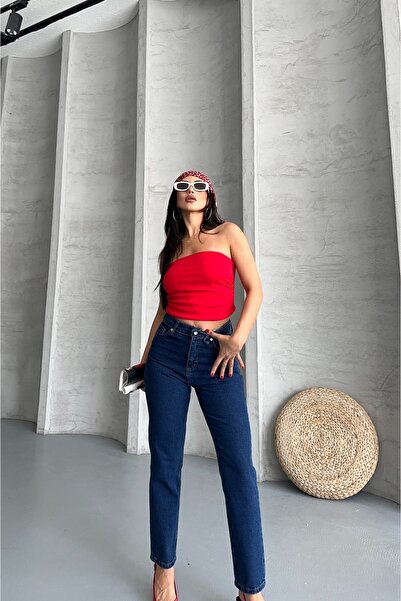 DESTEMODA Blugi Mom Fit pentru femei, spălat cu enzime, albastru închis 4006