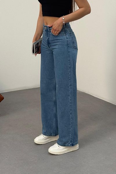 BİKELİFE Women's Dark Blue Pale Effect Lycra High Waist Wide Leg Loose, Salaş Palazzo Jeans