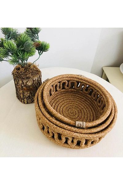 BDZ DERİ Jute Basket Wicker Organizer Bread Kitchen Basket Fruit Basket Set of 3