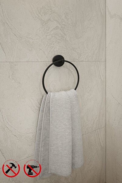Alper Banyo Black Metal Towel Holder 21X18 cm |   Adhesive & Screw Mounting |   Wall Mounted Stylish Hanger