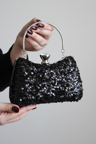 mossi Black Sequined Clutch Evening Dress Bag with Armrest Strap and Chain Strap