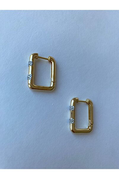 stainless steell Gold Renkli Kare Kesim Zirkon Taşlı Küpe